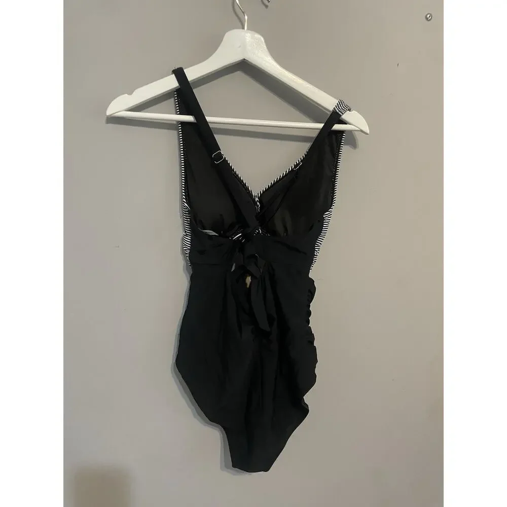 Blooming Jelly One Piece Swimsuit Size M Black White V Neck, Cut Out